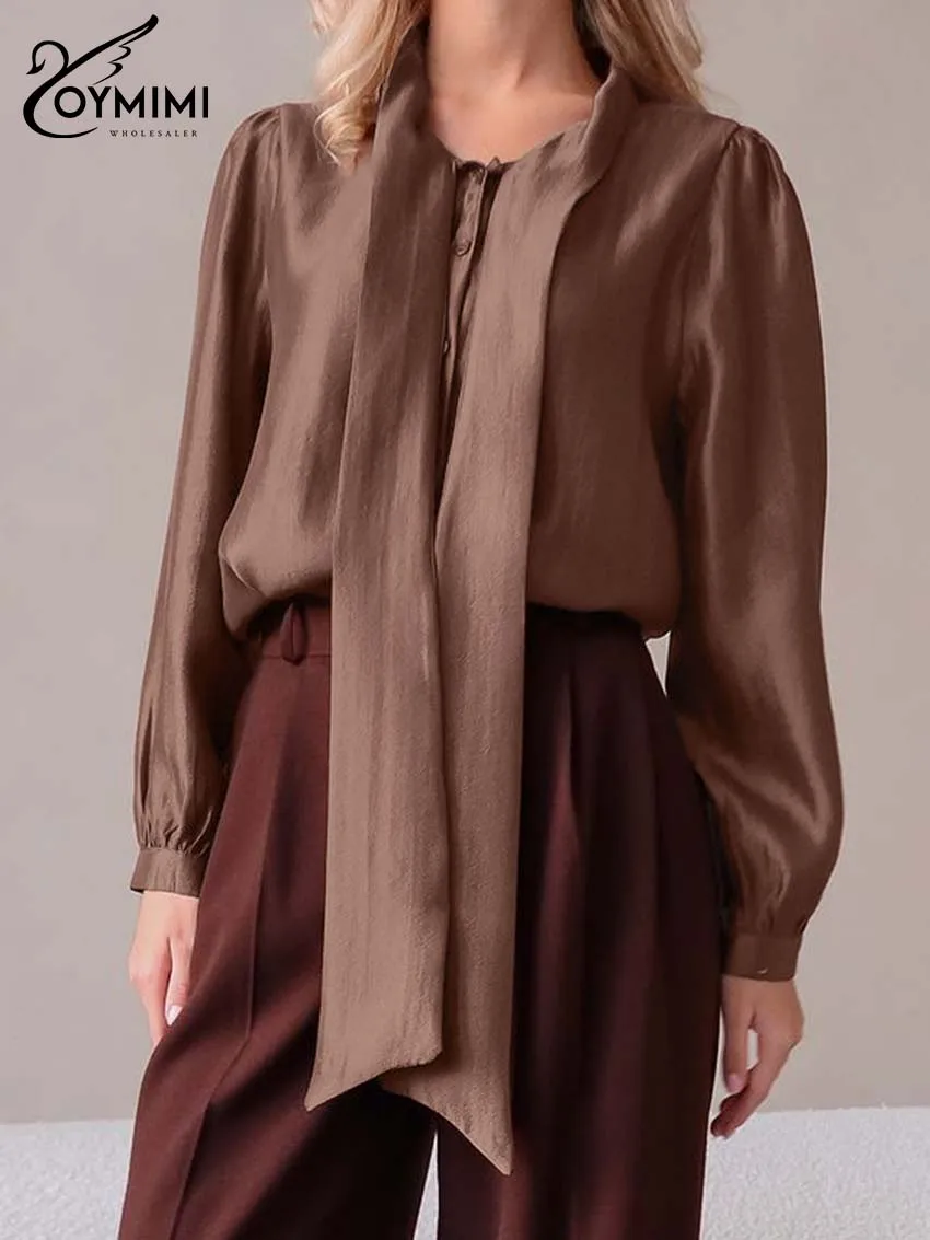 Oymimi Fashion Borwn O-Neck Woman Blouses Elegant Long Sleeve Lace-Up Solid Blouses Autumn Casual Single Breasted Shirts Female