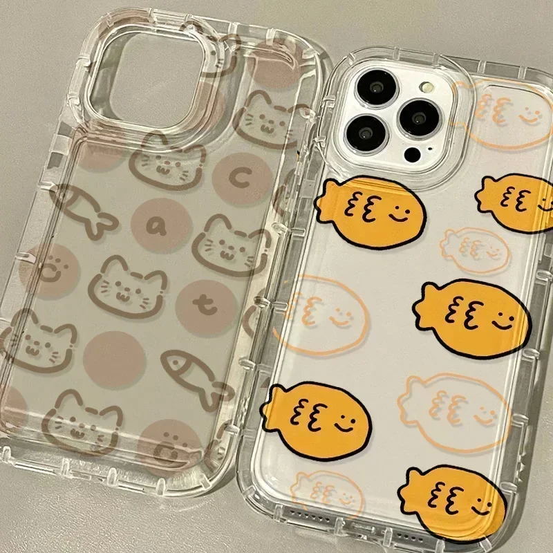 

Cartoon Cute Cat Fish Transparent Phone Case For iPhone 14 Pro Max Case iPhone 15 13 11 12 X XS XR 7 8 Plus SE 2020 Back Cover