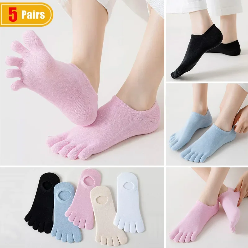 5 Paar Fünf-Zehen-Bootssocken, unsichtbar, für Damen und Mädchen, Baumwolle, einfarbig, lässig, cool, niedlich, schweißabsorbierend, Knöchelsocken, No-Show-Zehensocken, Sommer