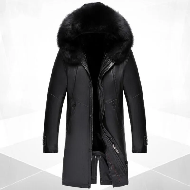 Winter New Black Men's High-end Fox Fur Collar Genuine Leather Long Hooded Fur Coat Thicker Jaqueta De Couro Male Casual Jackets