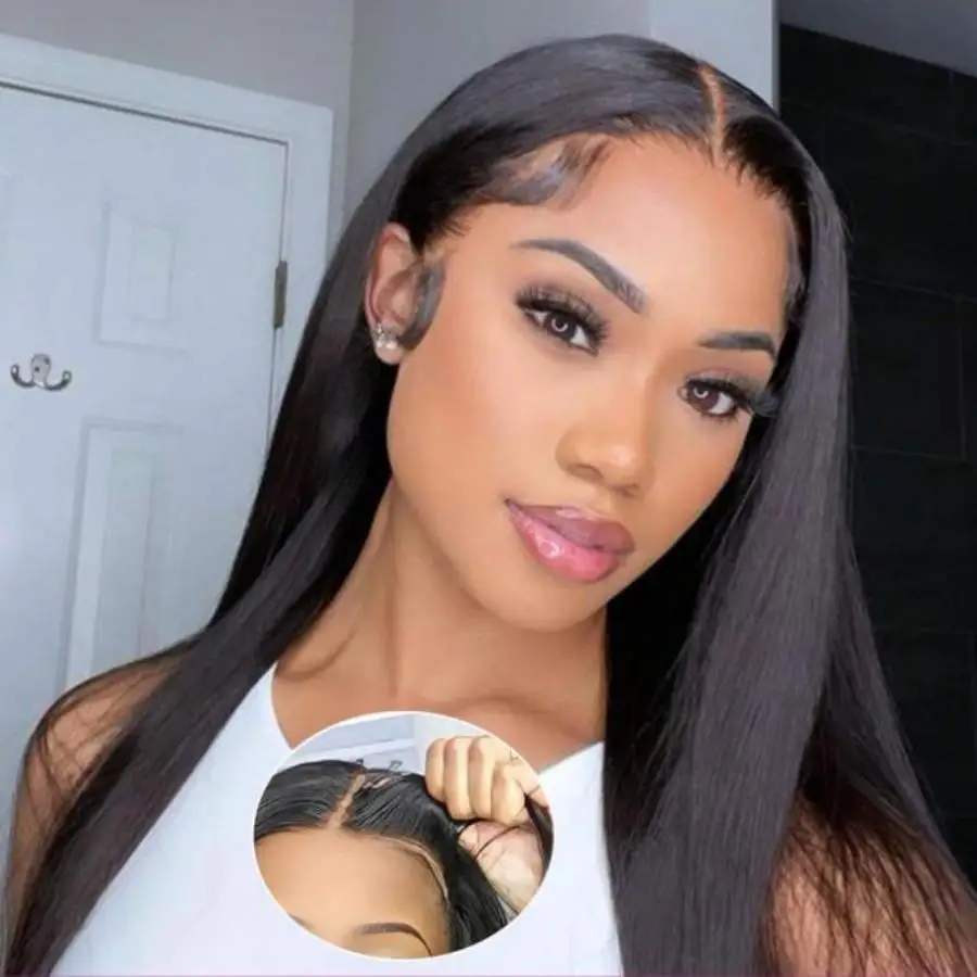 

Bone Straight Wear and Go Pre Plucked Pre Cut Glueless Wigs Human Hair Ready to Wear Lace Front Wigs Black 30 Inch Closure Wigs