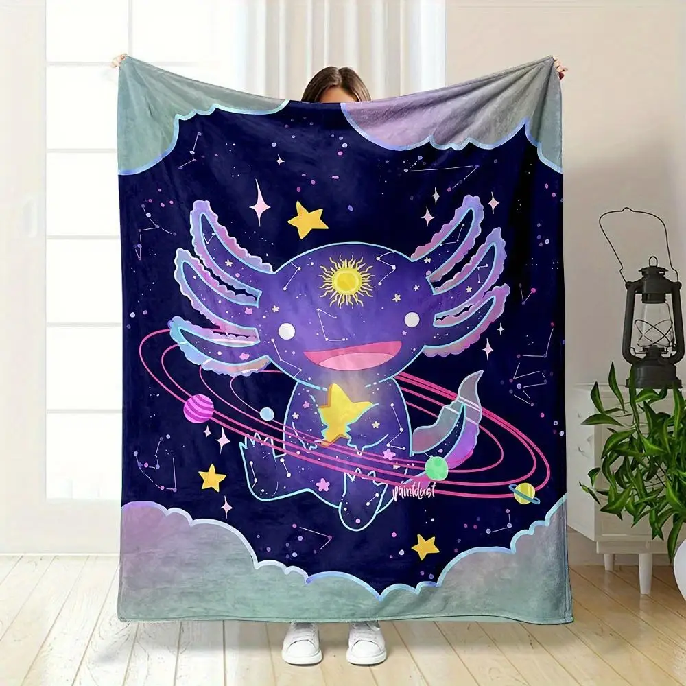 A Charming Flannel Blanket Featuring a Space Theme with Axolotls, Soft And Cozy, Reversible Design Showcasing Stars, Planets, An