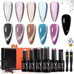 YOKEFELLOW Halloween 9D Cat Eye Gel Nail Polish Magnetic 10ml*6 with 2 Magnets Set Classic Colors Chameleon Magic Galaxy Effect
