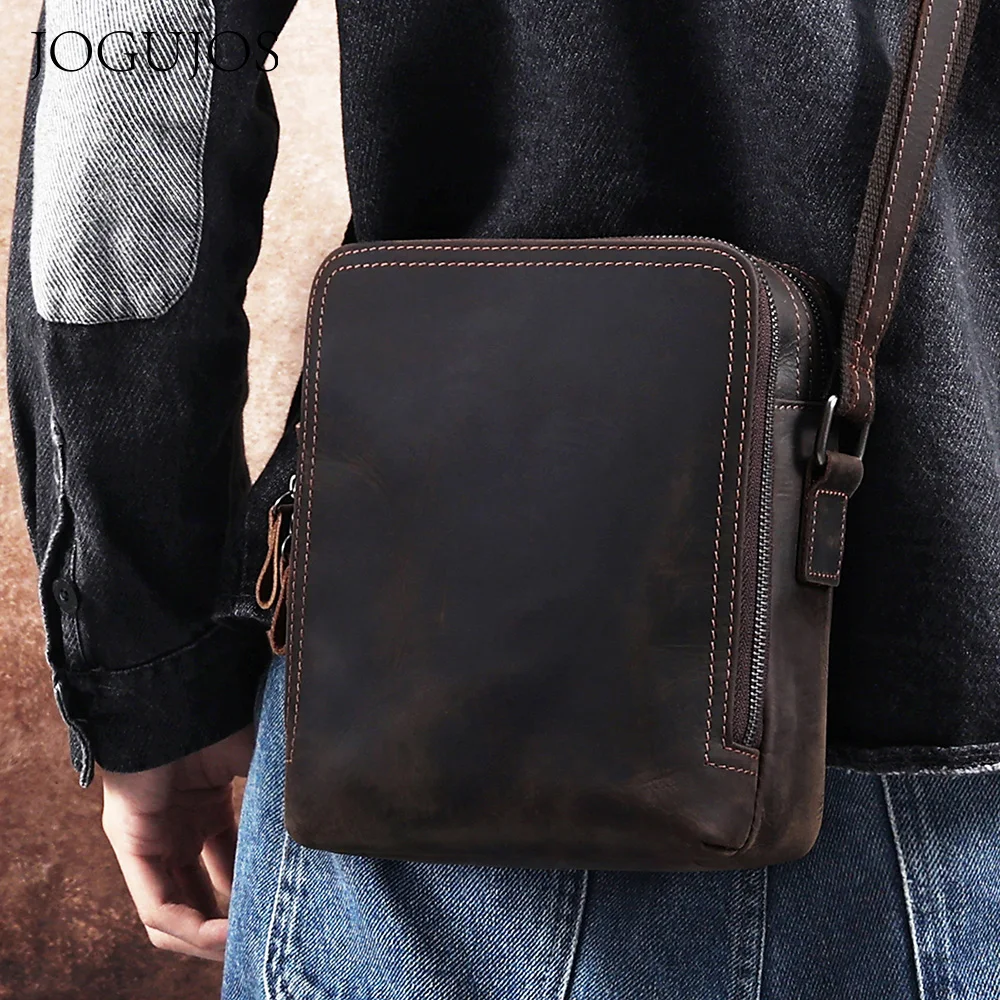 

JOGUJOS Genuine Cowhide Leather Small Messenger Bags Retro Shoulder Bag Travel Work Purse Crossbody Bags for 7.9" iPad Bag