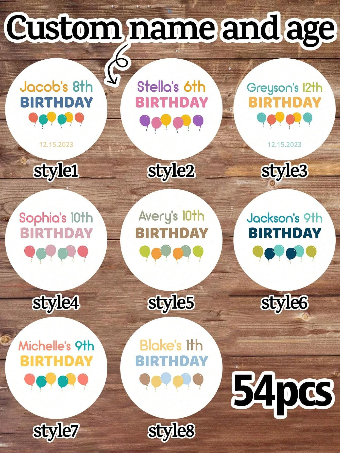 

3.8CM Customized Balloon Birthday Stickers:54-540pcs,Any Design,Logo,Text.Cute,Vintage,High-Quality Labels for Birthday,Wedding