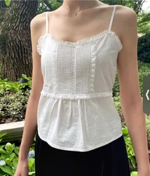 Damskie koronkowe wykończenia Sweet Slim Crop Top Summer Back Lace-up Cotton Sleeveless Camisole Vintage Preppy Style White Tank Tops Y2k New