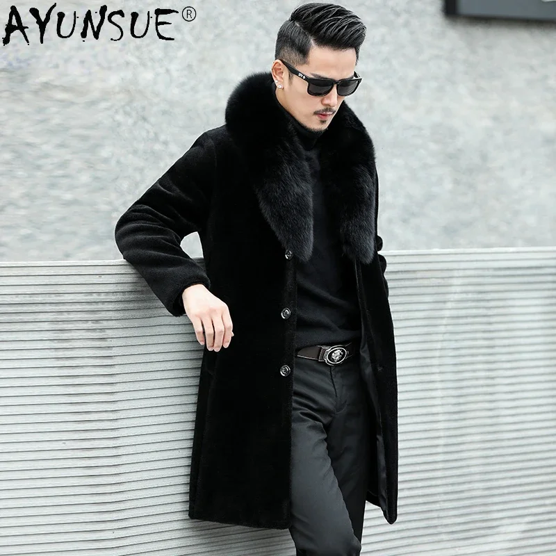 AYUNSUE 2021 Winter New Sheep Shearling Jacket Men Fur Coat Men Clothes Male Long Fox Fur Collar Fur One Coat Thicken Outerwear