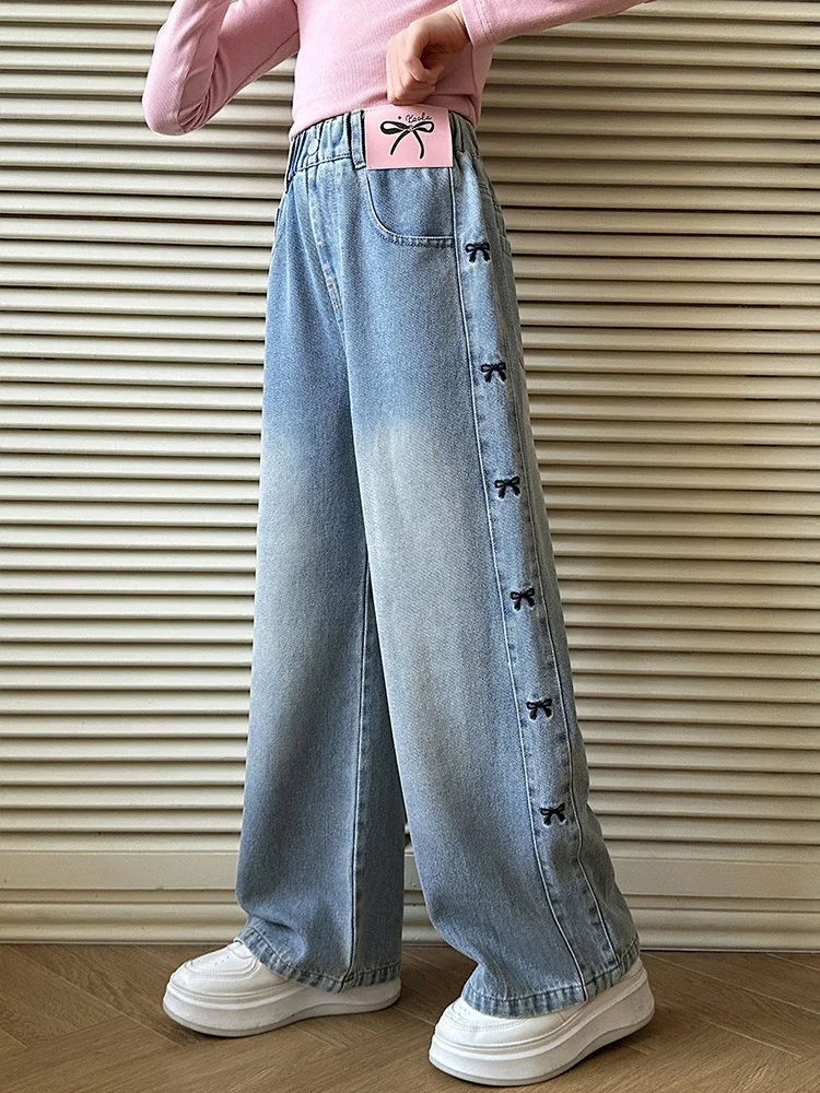 Girls\' Spring Thin Side Seam Embroidered Bowknot Jeans Loose Straight Wide Leg Denim Pants Teenagers Pure Color Washed Trousers