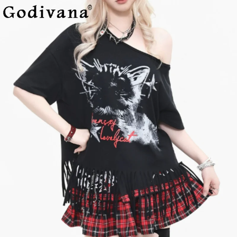 Summer New Subculture Retro Printing Tassel Slanted Shoulder Short Sleeve T-shirt Sexy Women Chic Loose Sweet Cool Tops