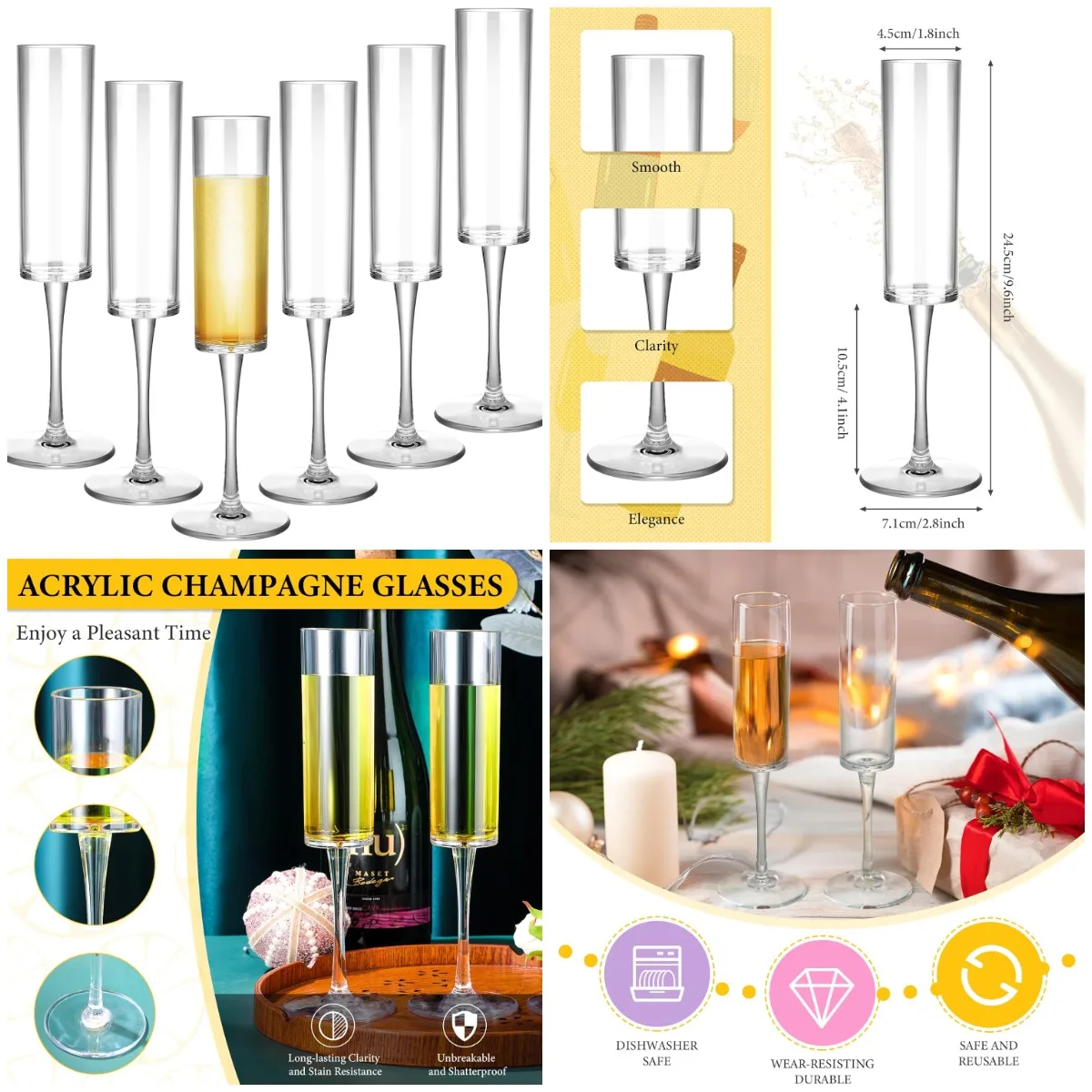 

6 pcs Plastic Acrylic Champagne Flutes, 6 oz Crystal Wine Stemware for Wedding, Party, Anniversary, Christmas Toasting