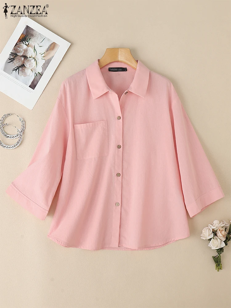 Vintage Lapel Neck 3/4 Sleeve Office Shirts ZANZEA Summer Cotton Blouses Women Casual Solid Work OL Tunic Tops Buttons Chemise