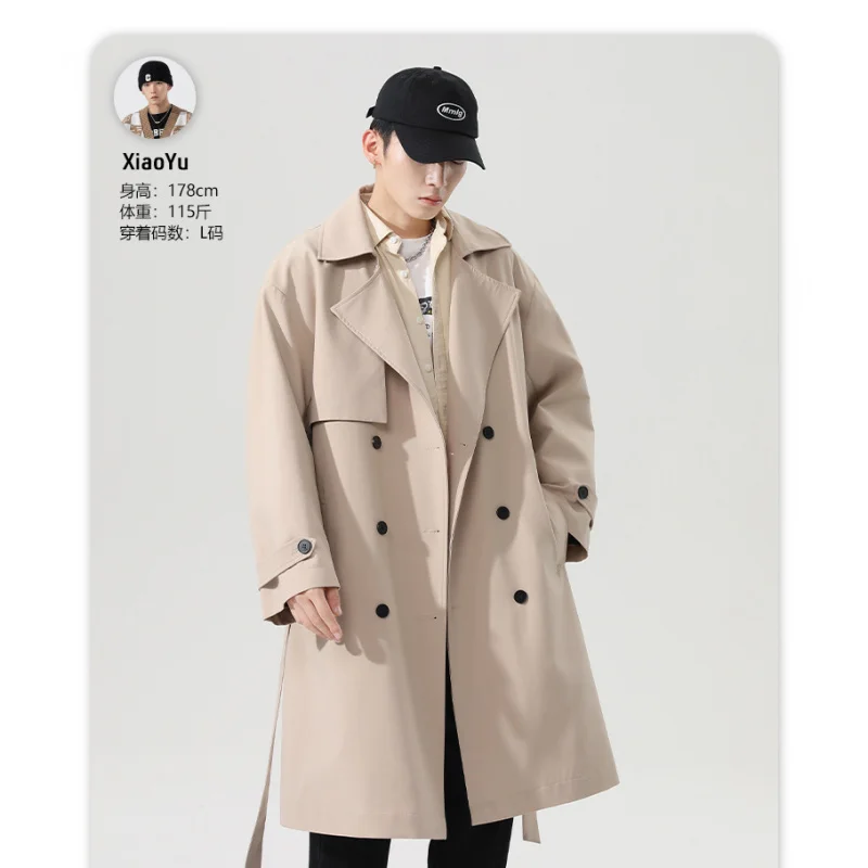 

GIOIOMen's Korean and Japanese Style Mid-Length Trench Coat，Spring and Autumn Turn-down Collar Solid Color Loose Casual Jacket