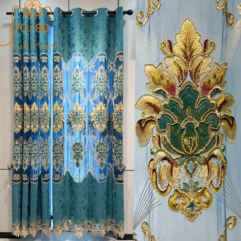 

High-end Blue Chenille Hollowed Out Embroidered Window Screen Curtains for Living Room Bedroom French Window Customized Finished