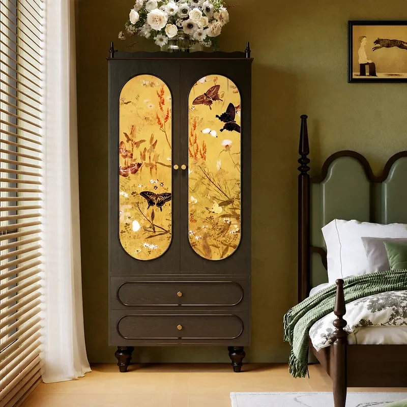Medieval Style Golden Butterfly Solid Wood Wardrobe Living Room Entrance Six Drawer Storage Cabinet Household Organizer
