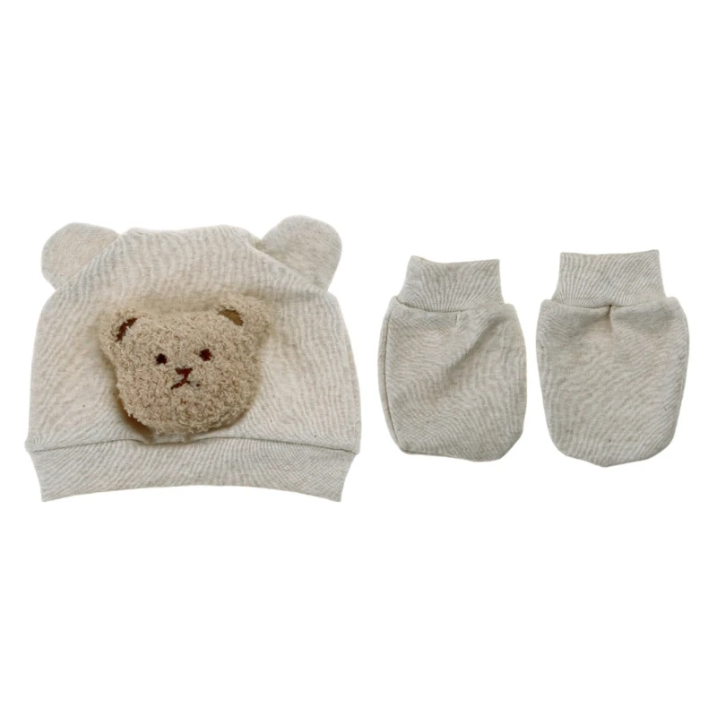 Newborn Baby Hat with Bear Pattern & Anti Scratch Mittens Bundle Newborn with Mittens Comfortable Perfect for Dropship