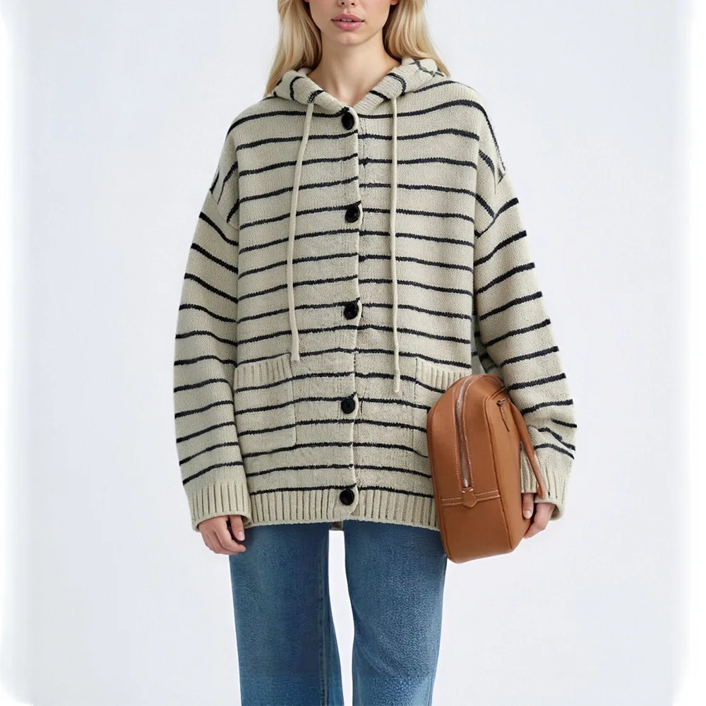 

Women Knitted Cardigan Sweaters Striped Jumpers Drawstring Hooded Pocket Long Sleeves Single Breasted Casual 2025 Autumn Winter