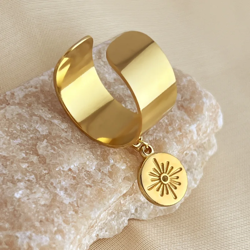Neue Punk Gold Farbe Edelstahl Geometrische Ringe Für Frauen Unisex Feder Seestern Kreuz Anhänger Breiten Ring Partei Schmuck – Detail 4