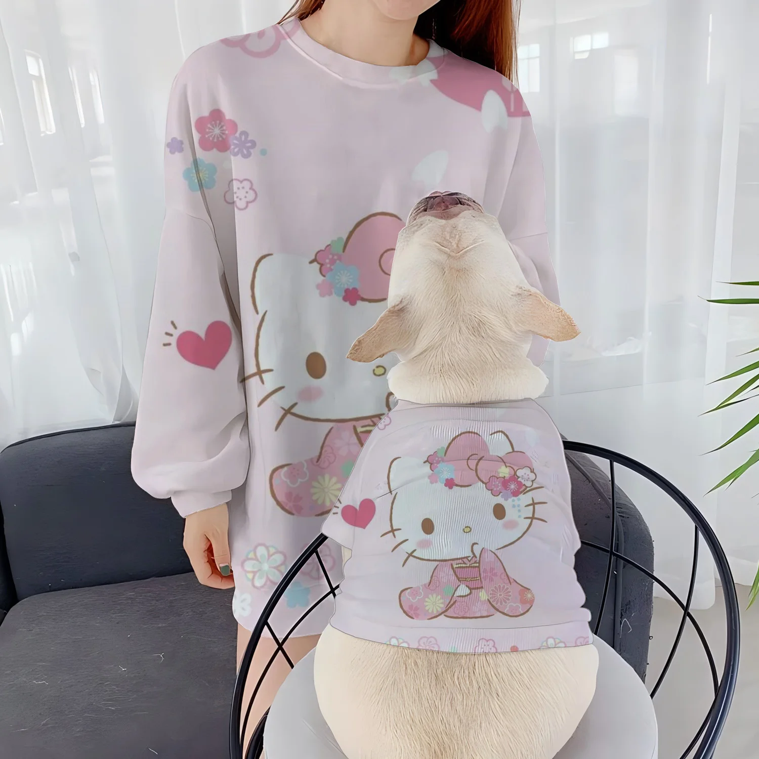 Casual Sweatshirts Long Sleeve Pet Clothing Pullover Women Parent-Child Clothes Round Neck Hello Kitty Dog Winter 2024 Women's