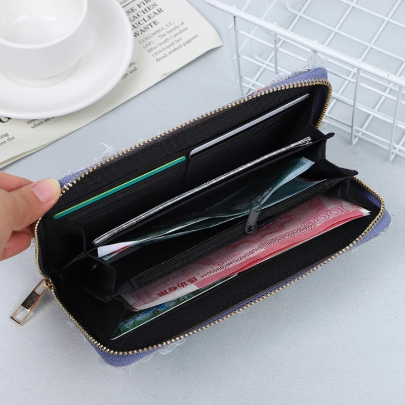 New Retro Patchwork Denim Wallet with A Single Handle Women\'s Long Wallet Card Holder for Women Girls Korean Style Wallet