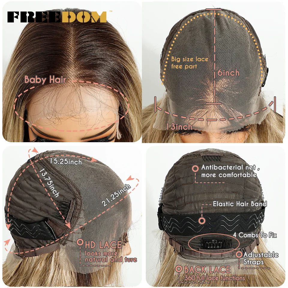 FREEDOM 13X6 Synthetic Lace Front Wigs For Women Natural Wavy Lace Wig 26" Ombre Brown Blonde Wig Heat Resistant Daily Use Wig