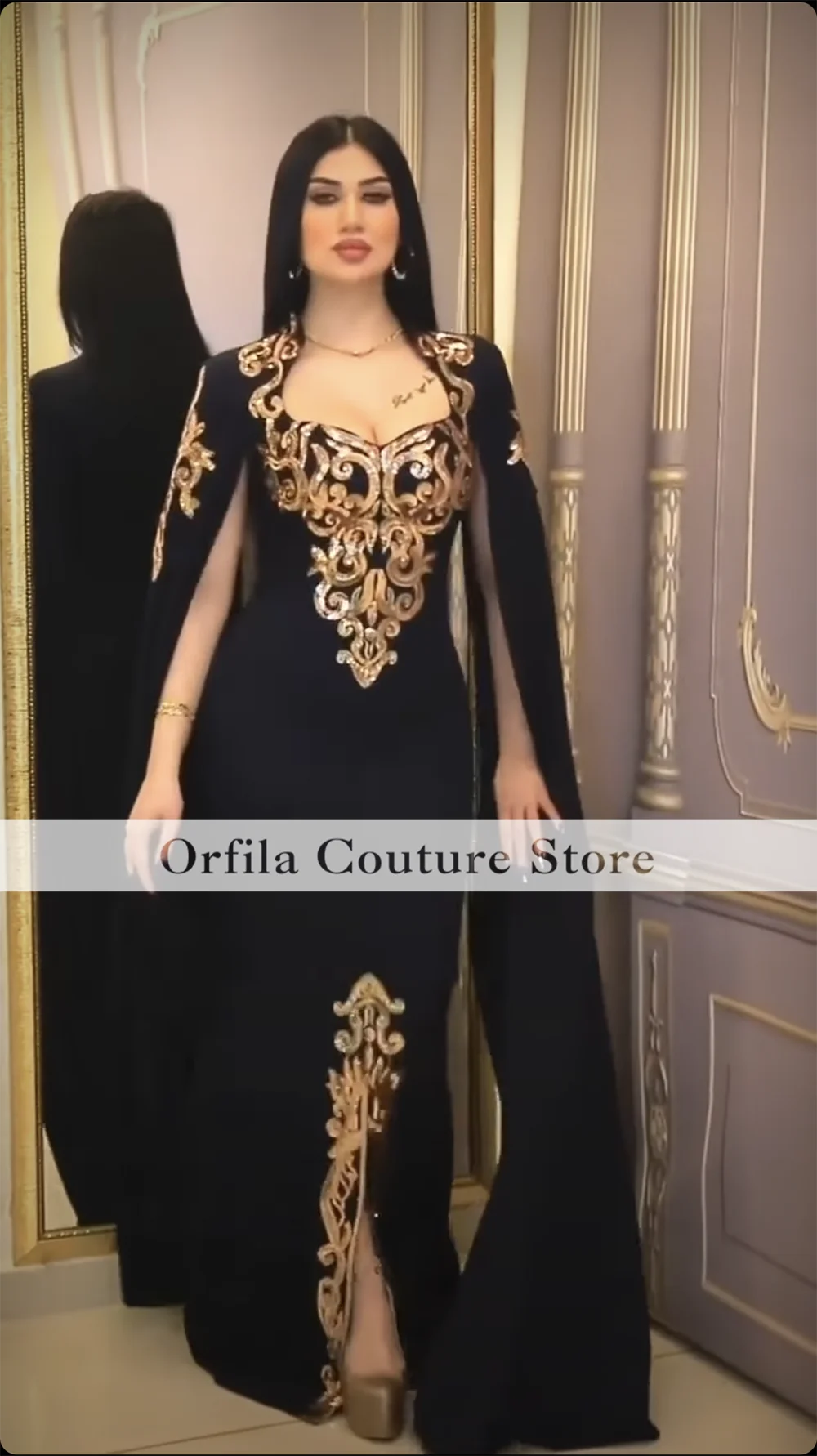 Black Arabic Saudi Prom Dress With Cape Appliques Lace Middle East Party Gowns for Women Vestido De Festa Customized