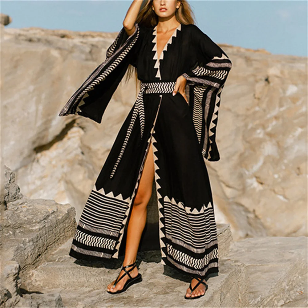 

2022 Summer Bikini Cover-Ups Bohemian Printed Long Kimono Cardigan Chiffon Tunic Women Beach Wear Swim Suit Cover Up