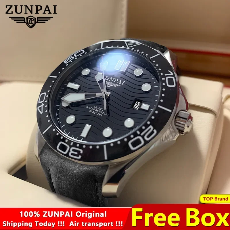 ZUNPAI Original Watch for Men Waterproof Sport Fashion Leather Strap Black Luminous Analog Baterai Quartz Wristwatches