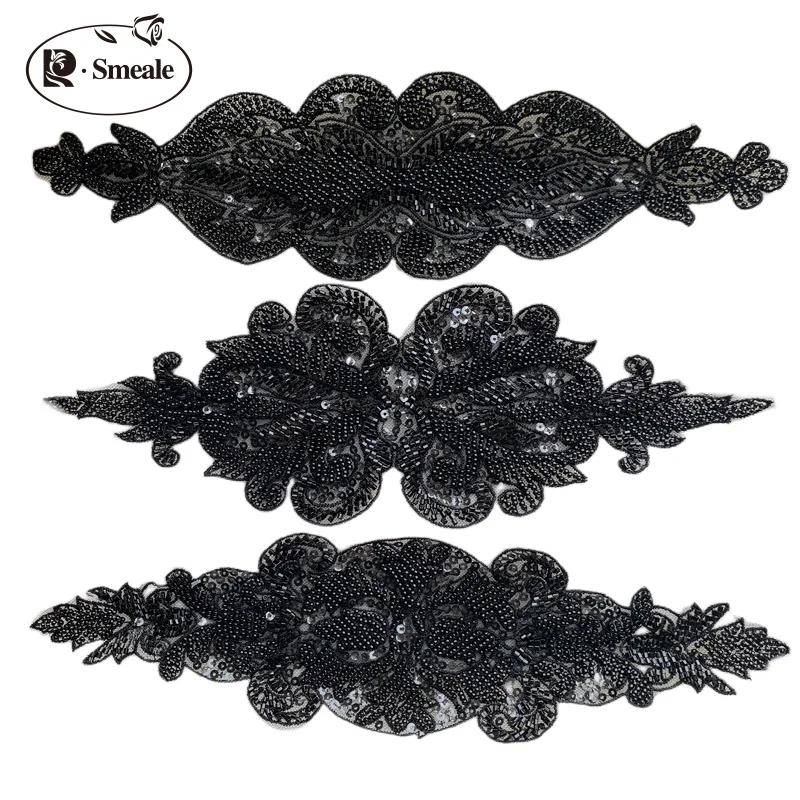 2Pieces/Lot Black Ivory Beaded Lace Patch Applique DIY Haute Couture Wedding Dress Accessories RS2945