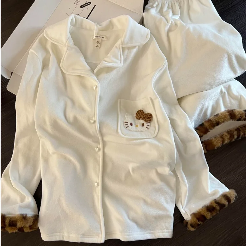 أطقم بيجامات نوم نسائية من سانريو هالو كيتي سراويل شتوية بأكمام طويلة كارتونية كاواي ملابس نوم دافئة ملابس منزلية