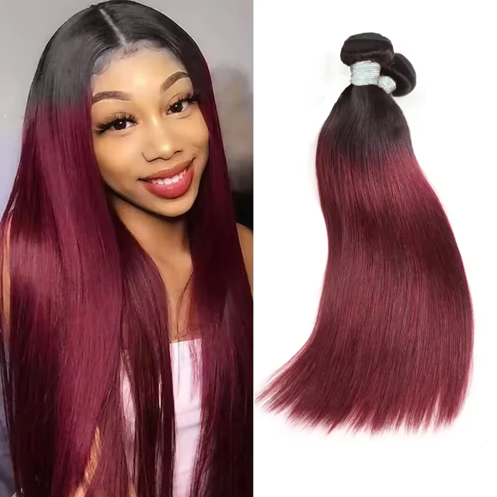 

16A Hair 1B/99J Burgundy Human Hair Bundles Double Weft Omber Colored Human Hair Weave Virgin Remy Hair Extension 1/3Pcs
