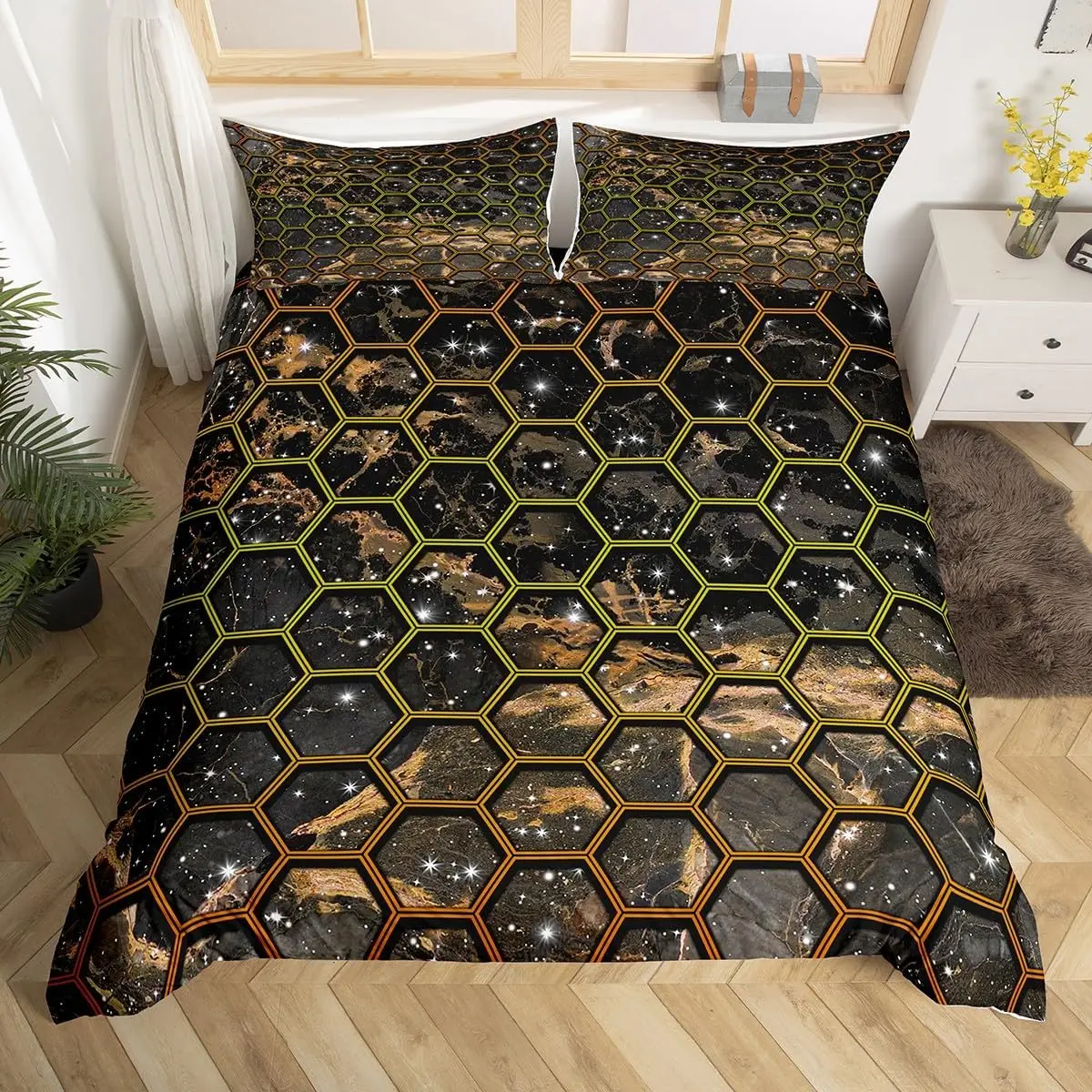 Geometric Honeycomb Duvet Cover Twin Queen Size, Hexagon Galaxy Bedding Set,Universe Starry Sky Comforter Cover for Dorm Room