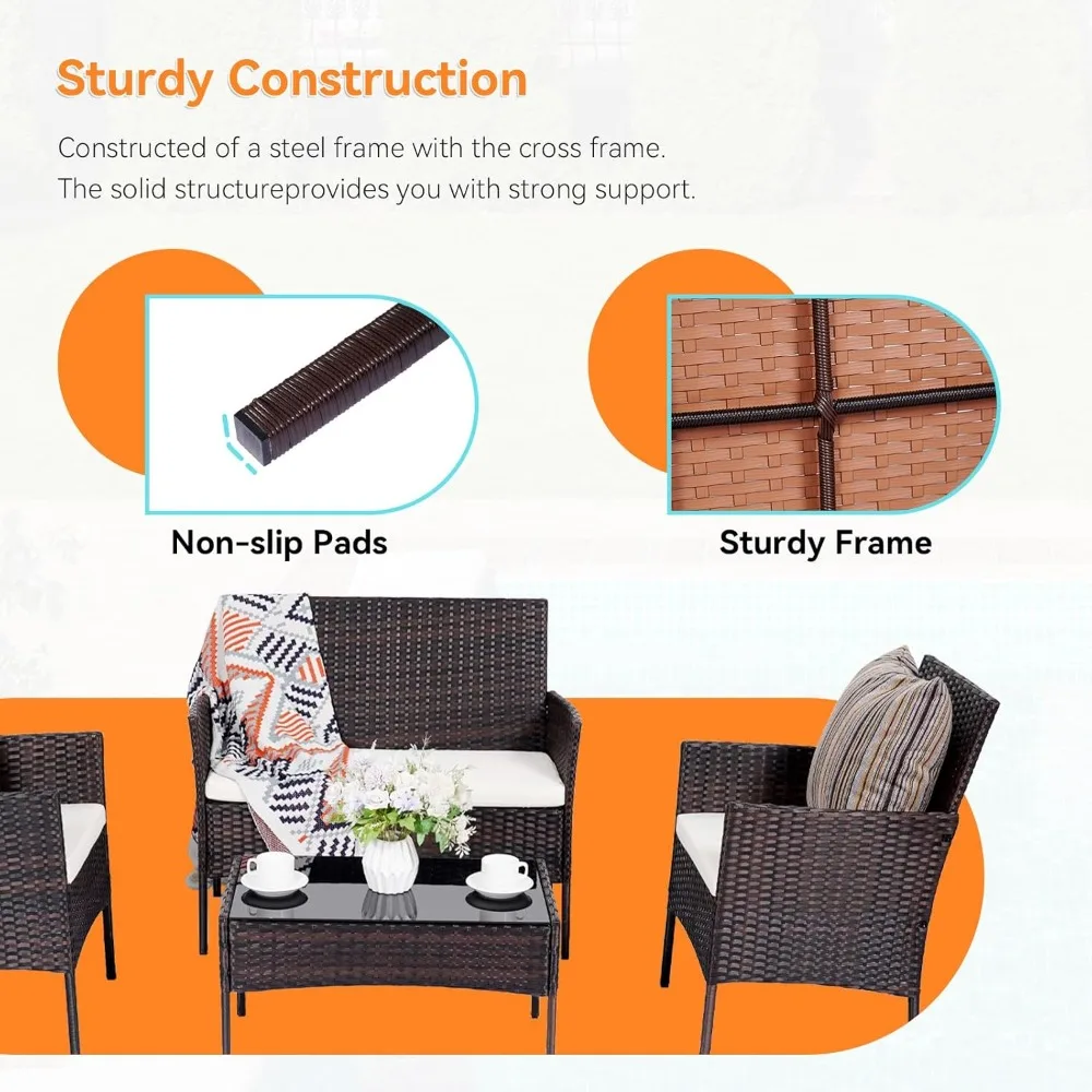 مجموعة أثاث الشرفة، مجموعة أثاث خارجي مكونة من 4 قطع من كرسي حوار الشرفة PE مع وسادة من الزجاج المقسى #5