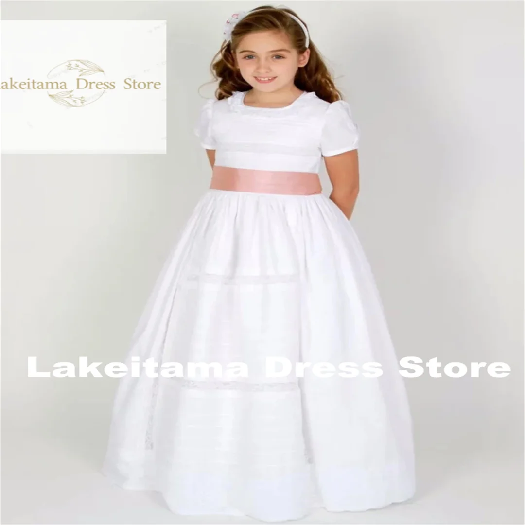 Customization Flower Girl Dresses White Satin Lace With Pink Bow Short Sleeve For Wedding Birthday Party Banquet Princess Gowns