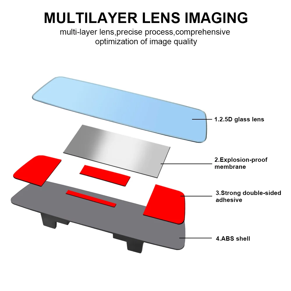 2.5D Full Creen HD Glass Car Interior Rear View Mirror 3000R Micro Curvature Lens Anti-glare Wide-angle Blue Frameless Mirror
