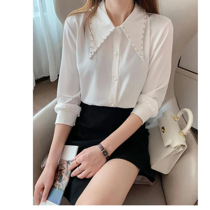 Women Spring Korean Temperament Loose Embroidered Flares Solid Color Long Sleeve Shirts Ladies Casual All-match Appear Thin Tops