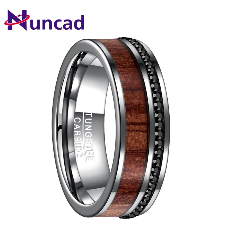 

Nuncad 8MM Width Black Crystal Tungsten Steel Ring Polished Plane Bevel Inlaid Wood Grain Man's Wedding Bands Male Rings T109R