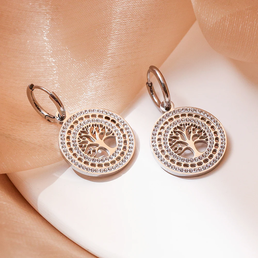 NEWBUY Trendy Gold/Silver Color 316L Stainless Steel Party Jewelry Female Accessories CZ Zircon Life Tree Drop Earrings Gift