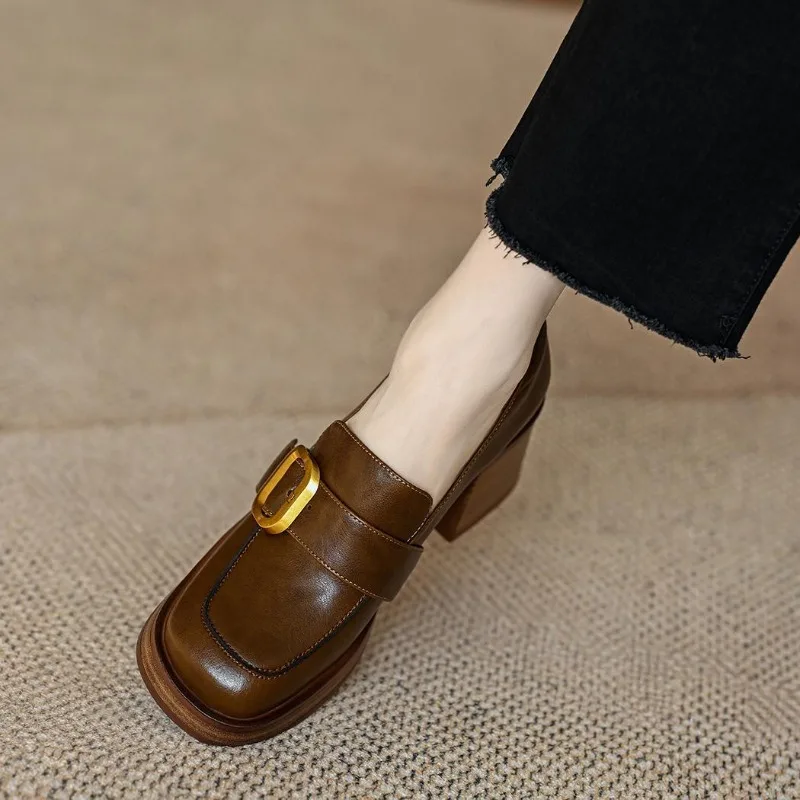 Maogu 2023 New Thick-soled College Style Casual Loafers Black Leather Fashion Pumps Girls Heels Shoes Female Women British Style