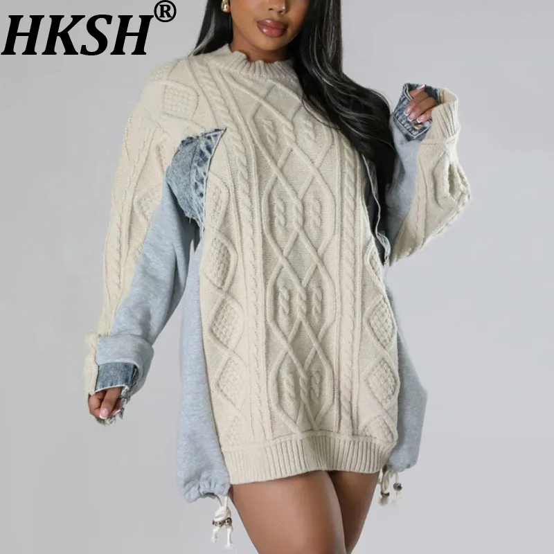 

HKSH Autumn Winter New Women Sweater O-neck Pullover Long Sleeve Contrast Color Spliced Drawstring Hem Knitted Warm Tops HK11207