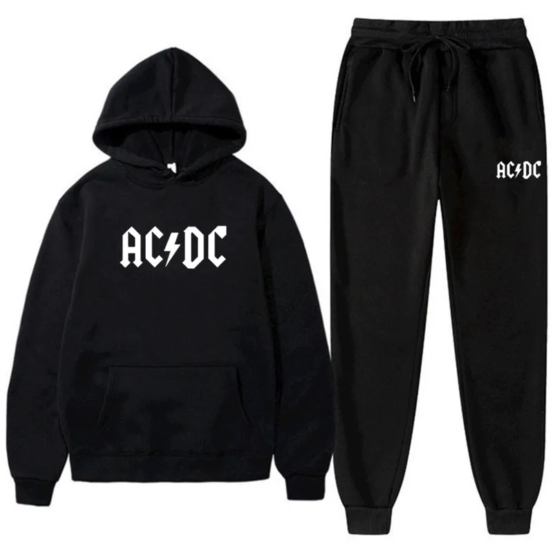 Hip Hop Streetwear AC DC Men's Women's Sweatshirt Sweatpants 2 Pieces Sets Fashion Casual Hooded Tracksuit Winter Men Clothing