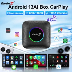 CarlinKit-CarPlay sem fio para carro com fio, Melhor Android 13, Ai Box, LED, Além disso SM6225, 8-Core, Automático, 8GB + 128GB