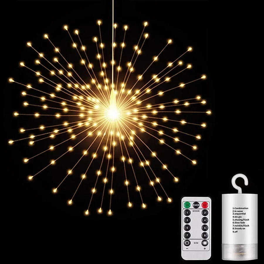 Vuurwerkverlichting 200 LED koperdraad Starburst Light 8 modi Werkt op batterijen Fairy Star Sphere Light met afstandsbediening Kerstdecor