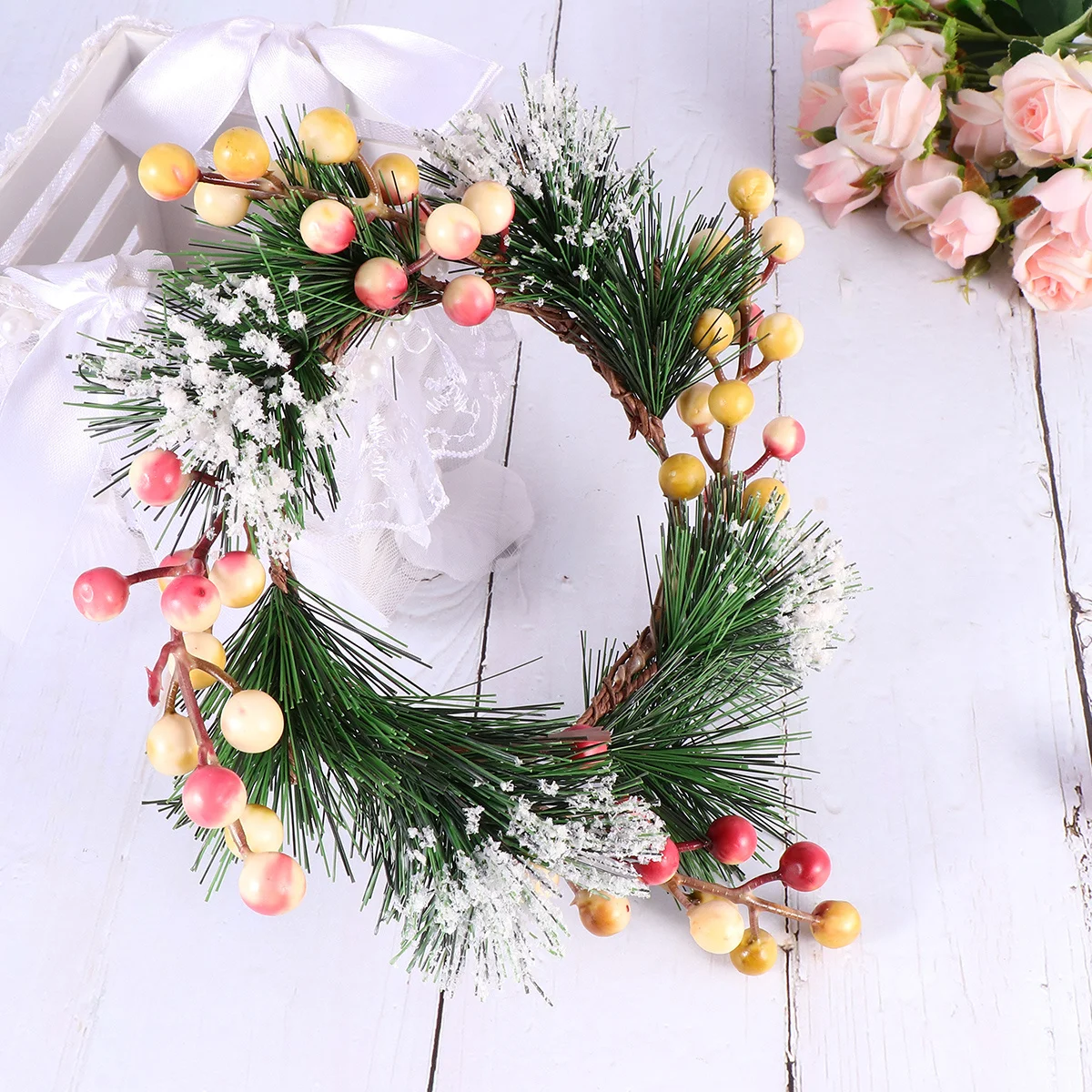 

Round Resin Berry Wreath Pink White Artificial Garland for Front Door Wedding Arch Wall Window Garden Home Holiday Decor