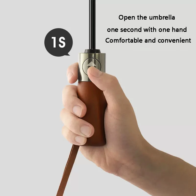 Red leaf Men Business Style Automatic Folding Rain and Sunshade Anti-UV Umbrella Wood handle Black glue coating Big umbrella