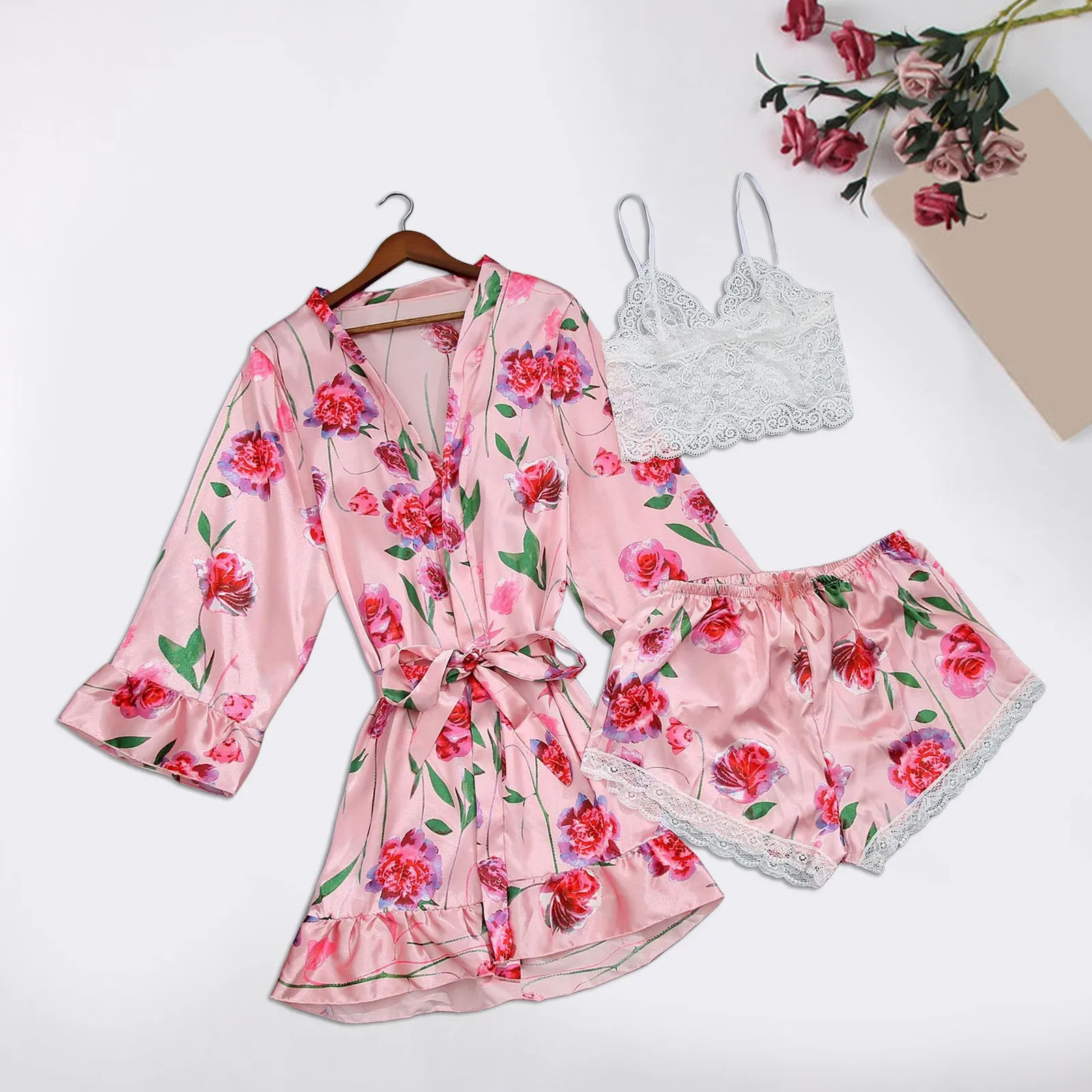 

Women's Summer Fashion Kimono Robe Sets Comfortable Nightwear Lace Satin With Silk Sleepwear Robe Sexy Pajama Pants Home Clothes