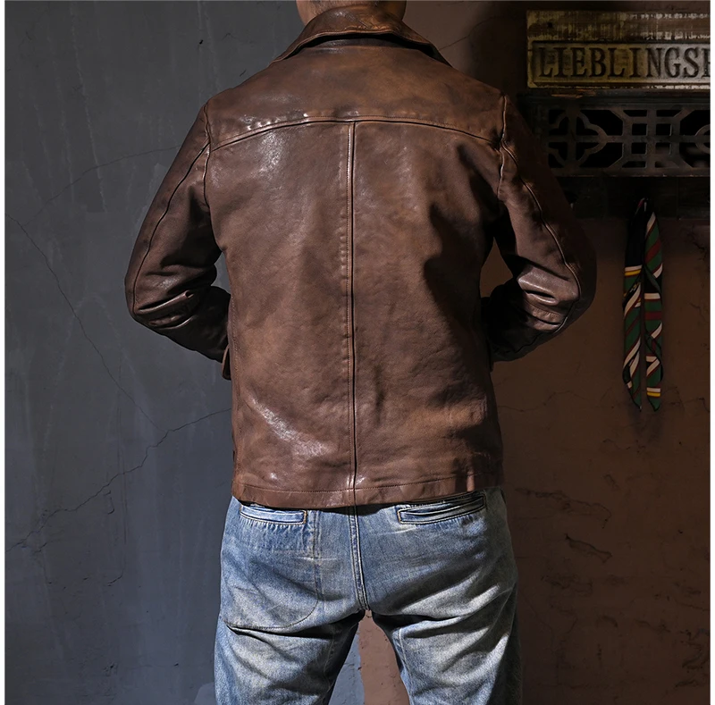 YR!Free shipping.Luxury quality natural tanned sheepskin jacket.Vintage Brown genuine leather coat.fashion leather cloth