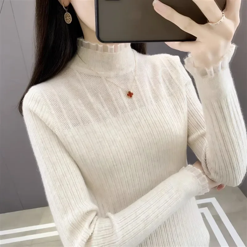 Women Sweater Autumn Winter New Shirt High Neck Knitted Temperament Girls Solid Colour Bottoming Shirt Round Neck Jumper Tops