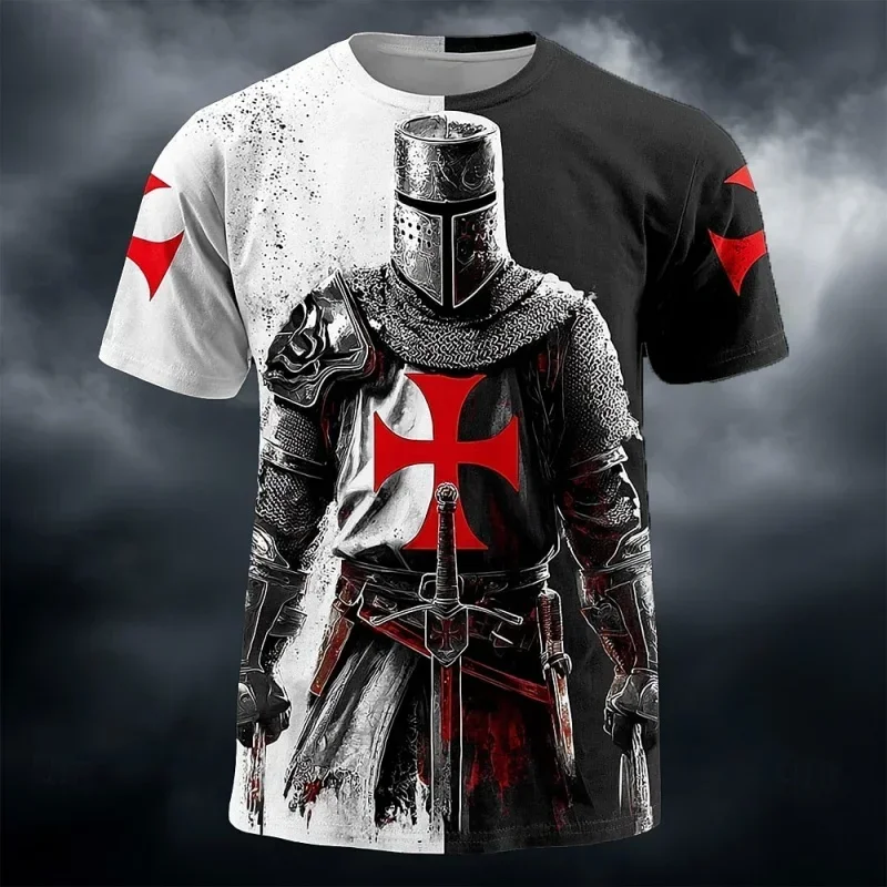 Herren-T-Shirt mit 3D-Druck im Templer-Ritter-Design, Schwarz-Weiß mit Rotem Kreuz, Lässiges Kurzarm-Übergrößen-Streetwear-Shirt – Detail 10