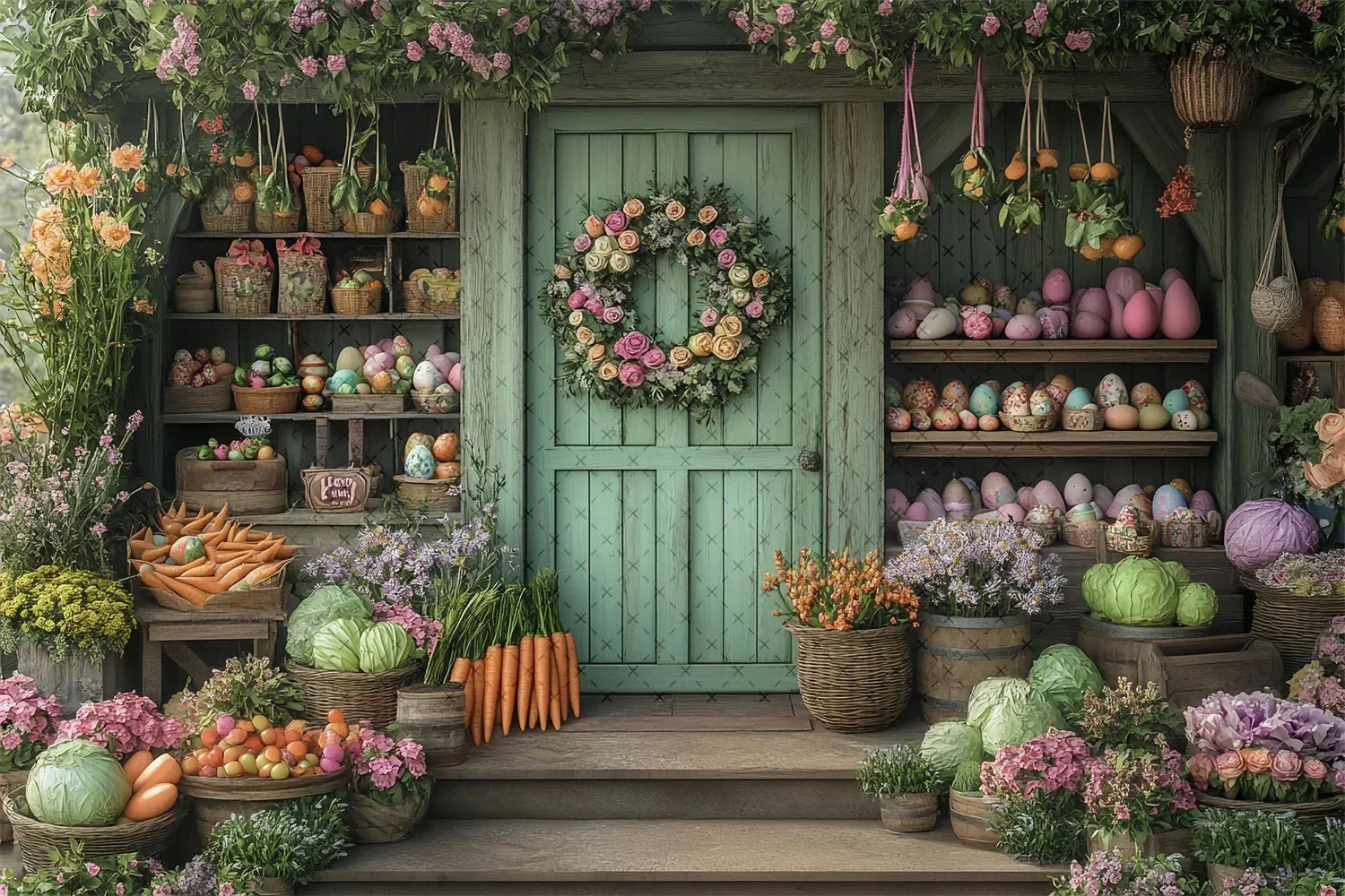 Mehofond写真の背景、春のイースターの花の卵ショップの窓、子供の誕生日パーティーの肖像画の装飾、背景写真スタジオ