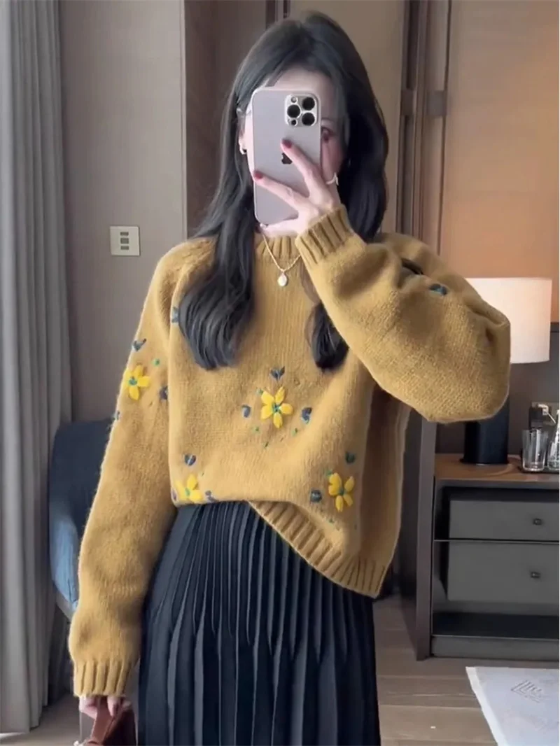 

Высококачественный вязаный крючком маленький свитер ручной работы для тяжелой промышленности для женщин осень-зима, мягкий свободный вязаный свитер с круглым вырезом, топ